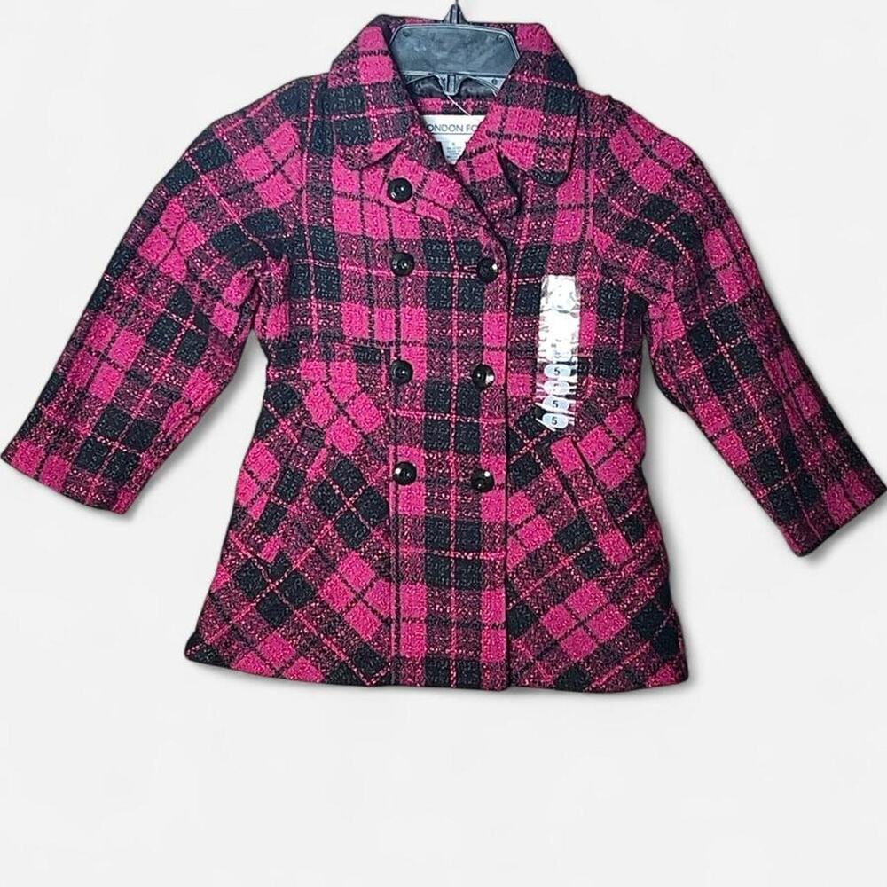 London Fog Children Pink Black Plaid Wool Blend Peacoat NWT – Size 5 (Girls)